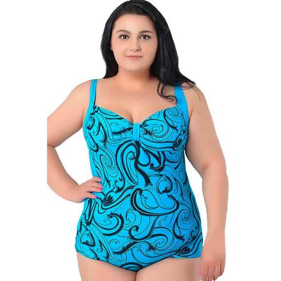 Plus 1pc Aqua Blue Swimwear Womens Size 14 Paisley Print One Piece Swimsuit - Picture 7 of 9